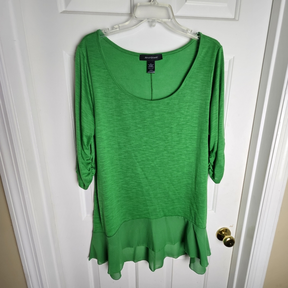 Ashley Stewart Women Flowing Green Top Ruffle Chiffon Trim Size 14/16